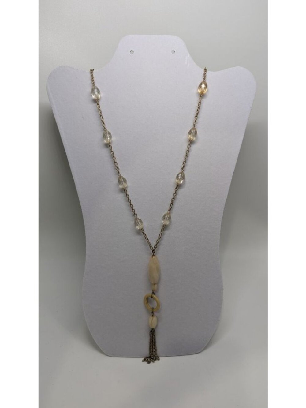 Vintage Gold/Tan Beaded Chain Tassel Longline Necklace